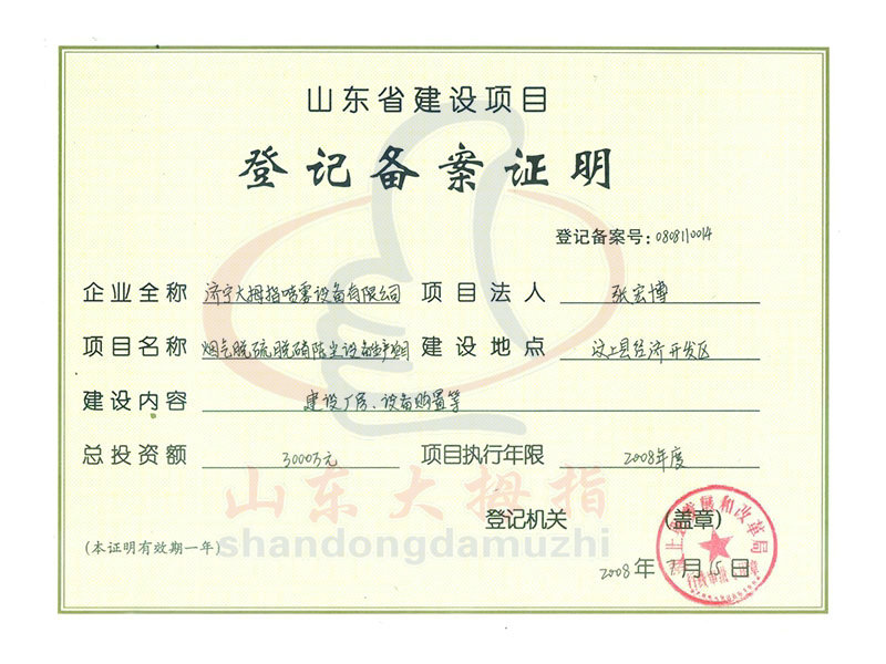 山东大拇指公司立项证书